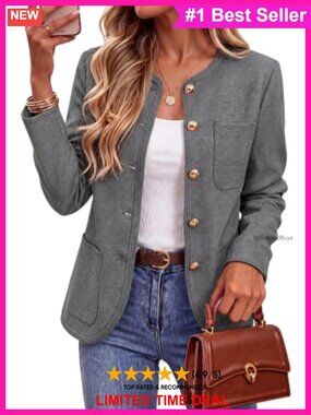 Wool Blend Collarless Blazer Gold Button Business Casual